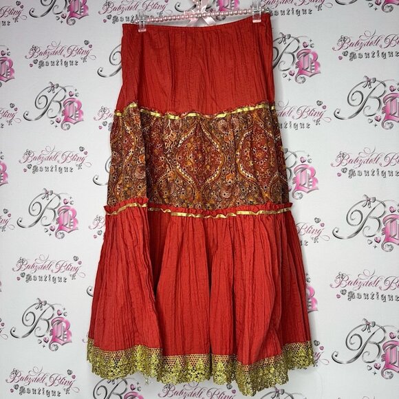 FWR Dresses & Skirts - FWR USA skirt Bohemian Red and Gold Tiered Skirt shimmer paisley
